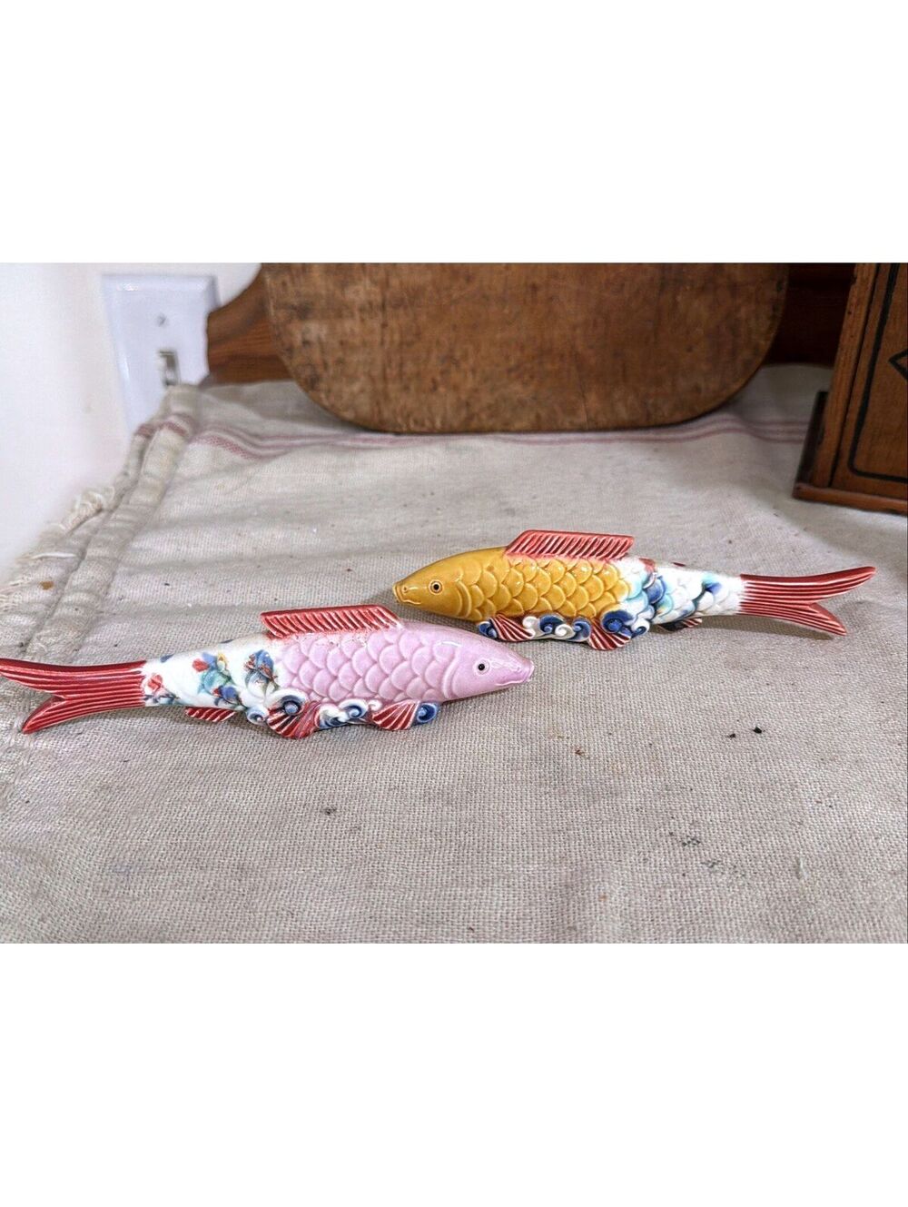 Vtg Chinese Koi Fish Figurines 6” Ceramic Feng Shui Colorful Hand painted Pair